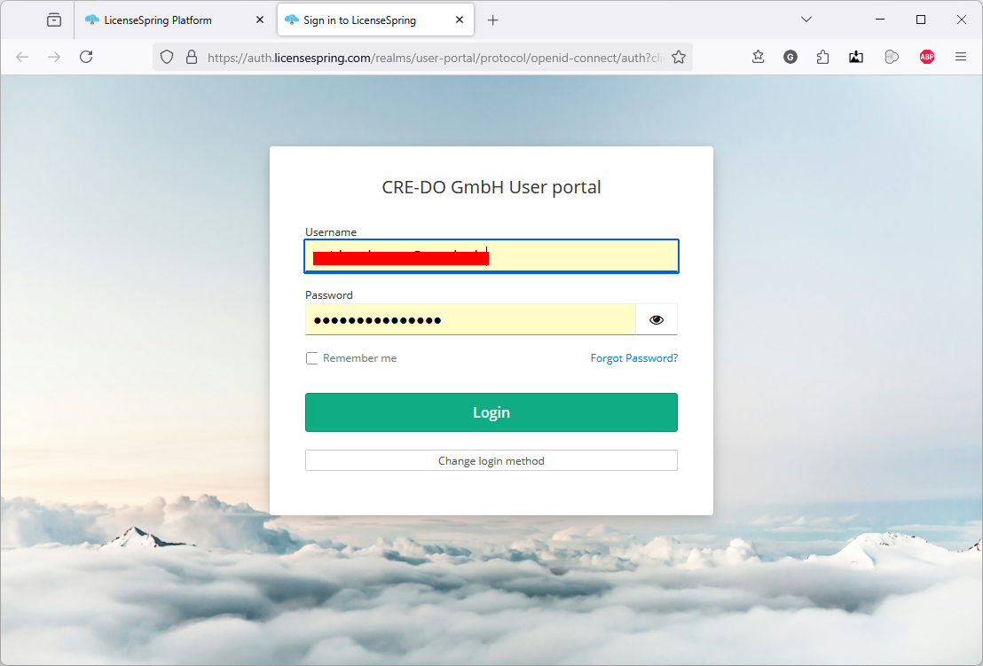 Login-Screen for CRE-DO GmbH User portal