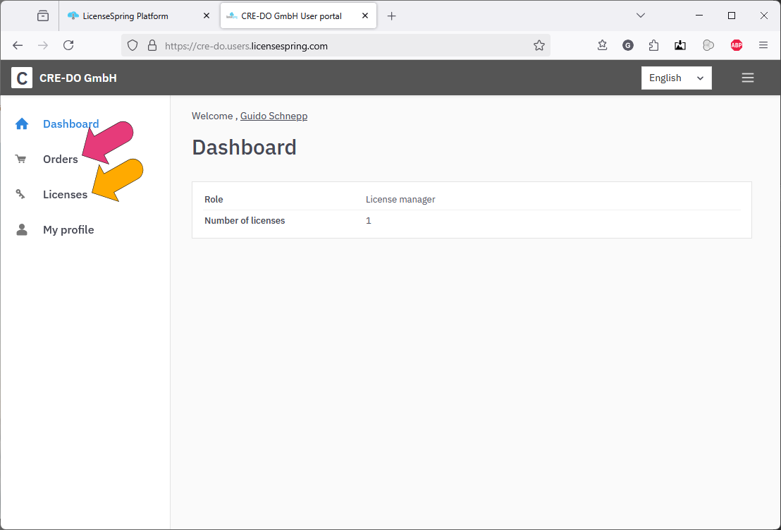 Dashboard with links to Orders, Licenses, My profile