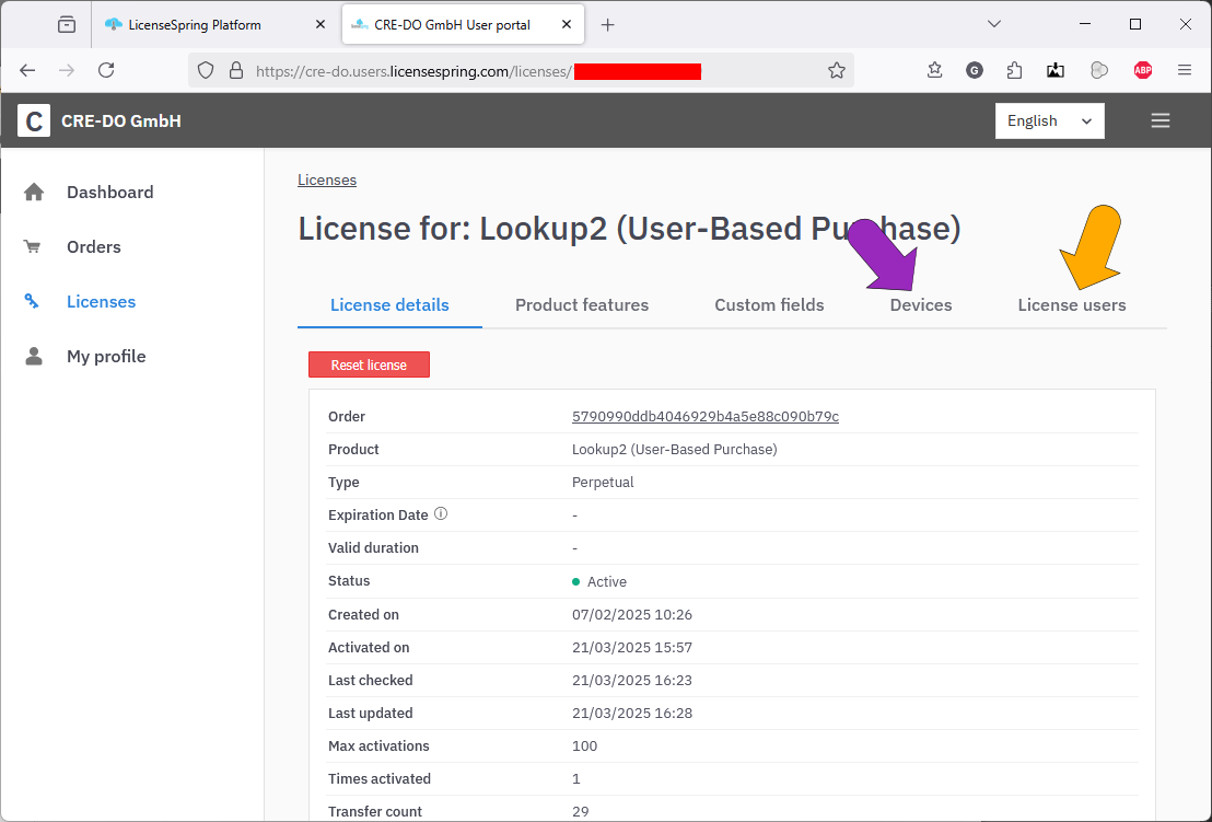 Display of license details