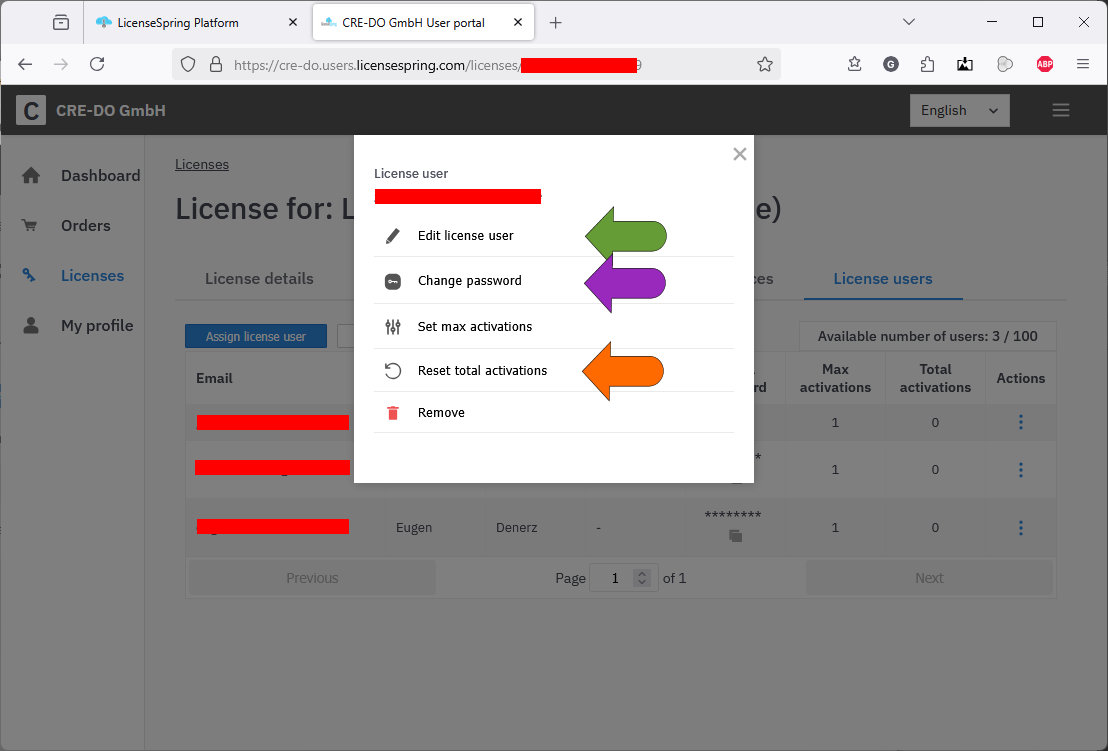 Popup window of actions menu for users