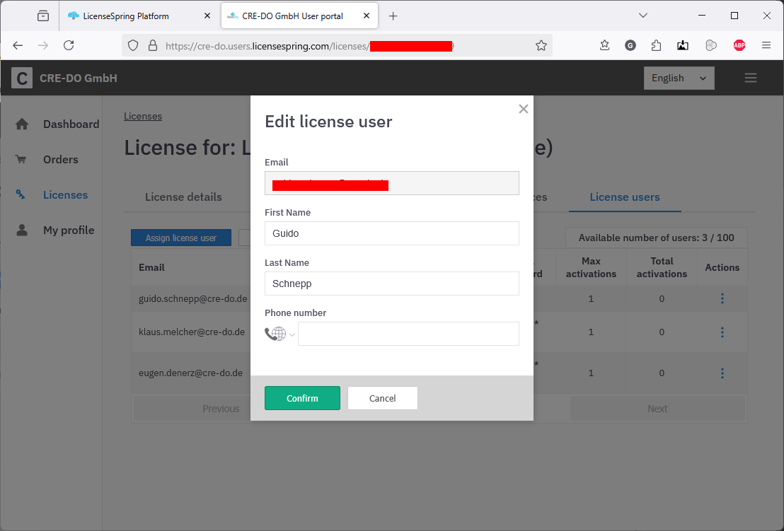Popup window to edit a user