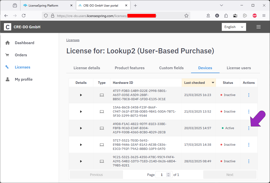 Listing of licenses for specific devices