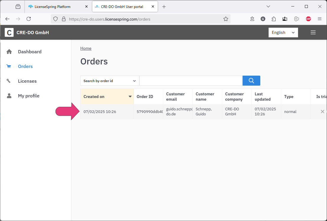 Listing of license orders