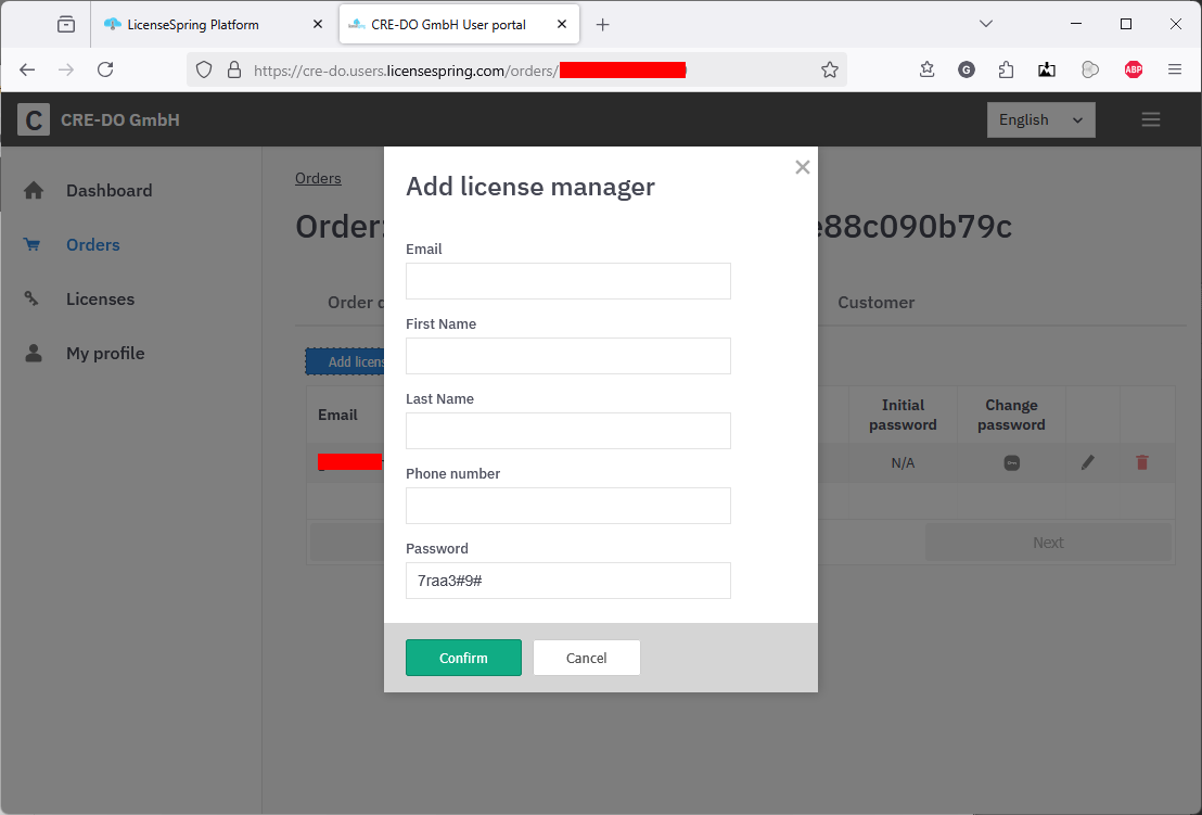 Popup window to add a license manager